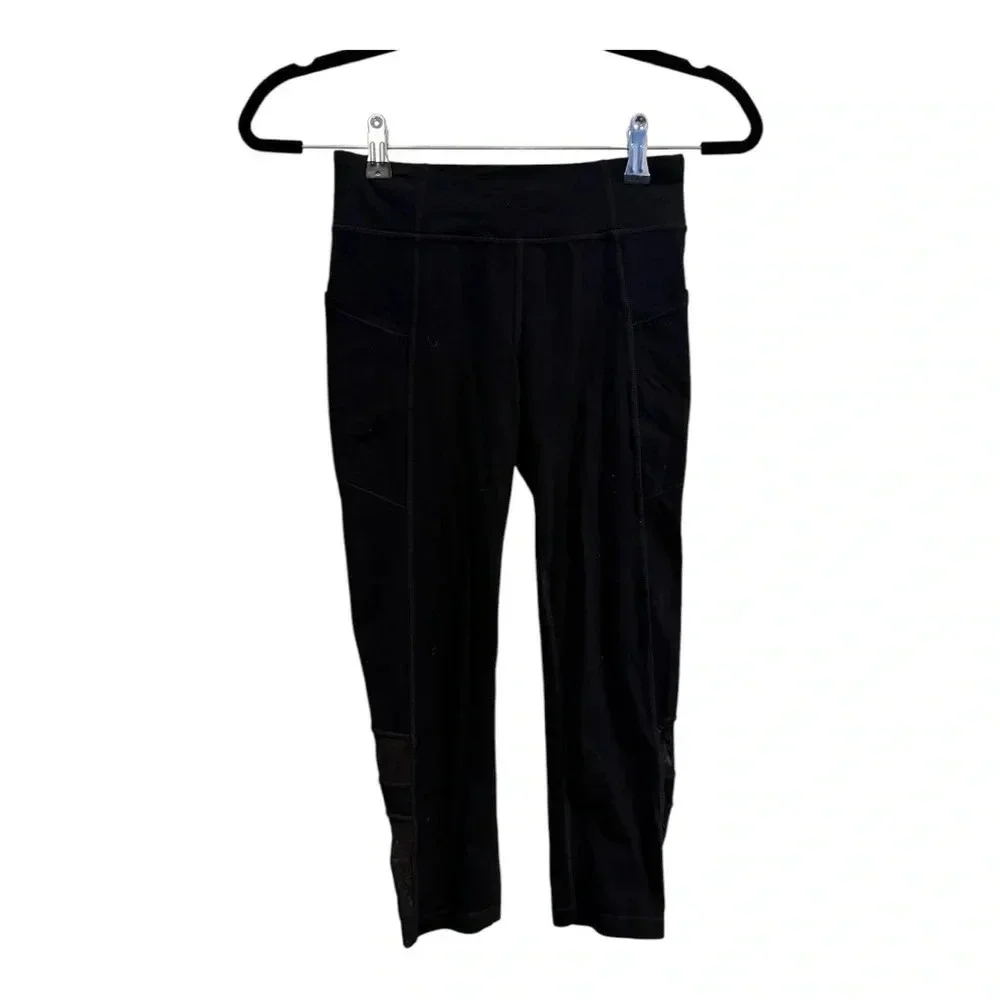 Athleta Girl Black Mesh Cut Out Cropped Leggings Size XL/14